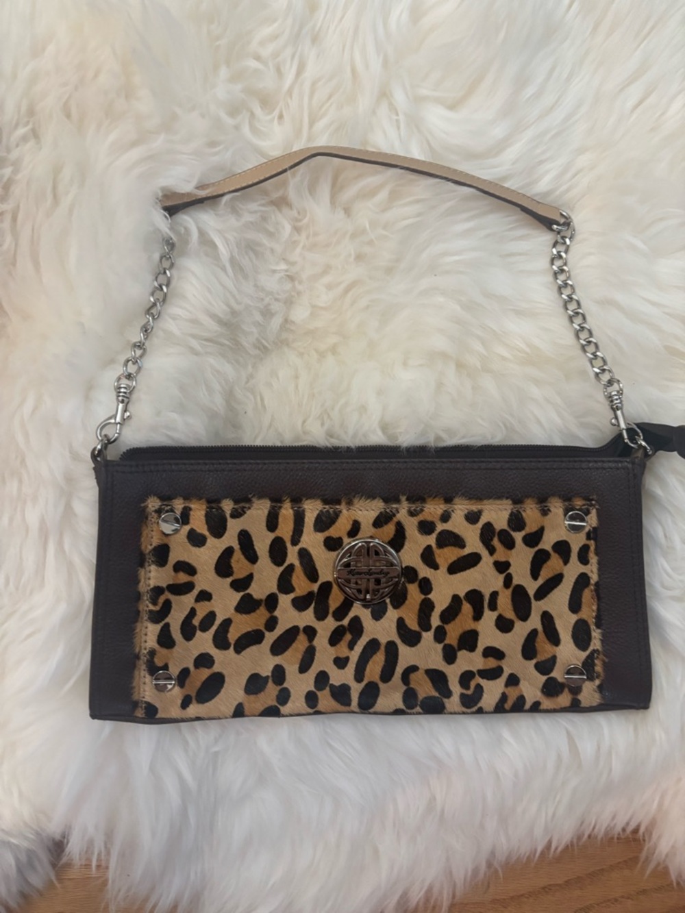 New Kate Landry Brown Leather Wristlet Clutch with Leopard Hair calf Panel